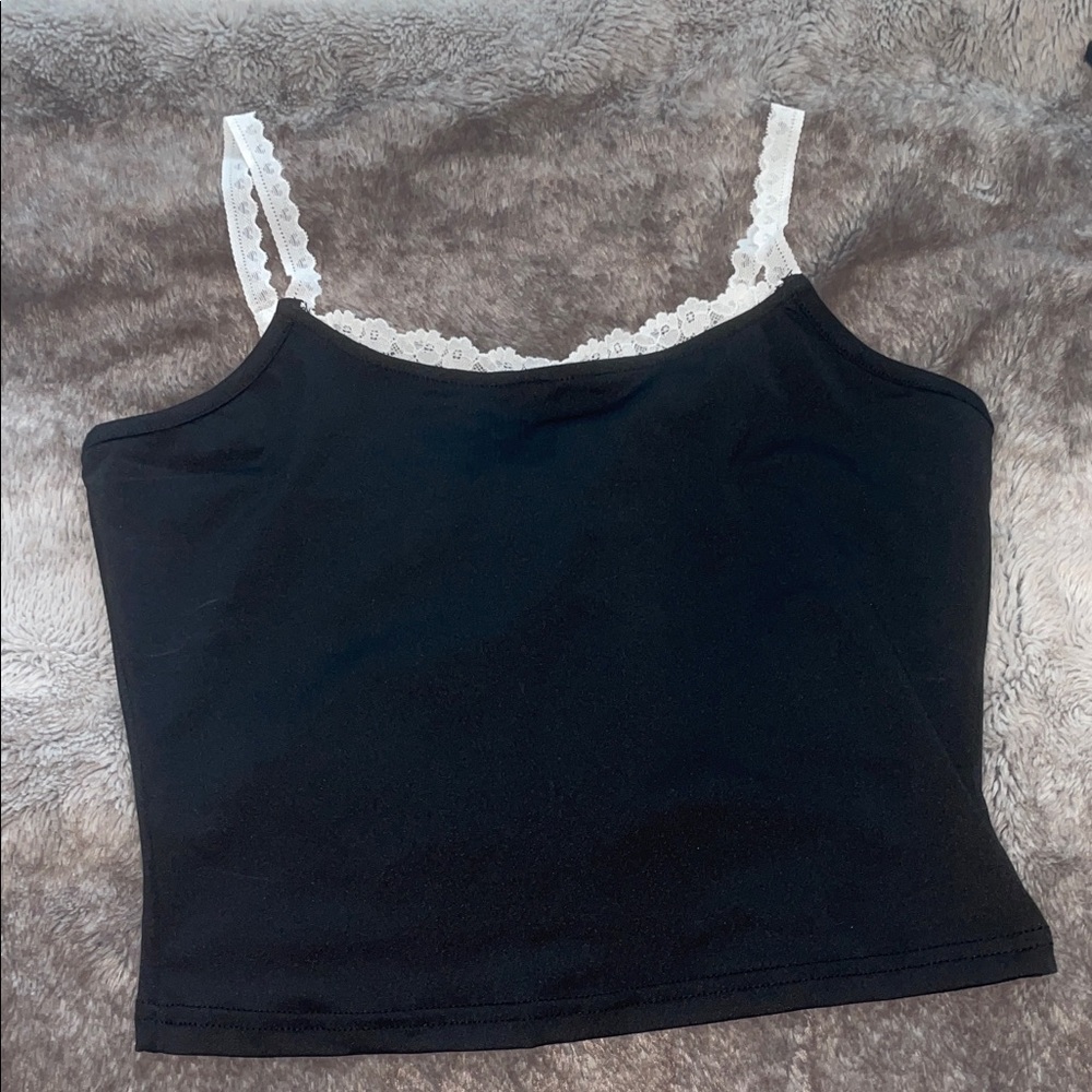 SHEIN Black Cami with White Lace Trim